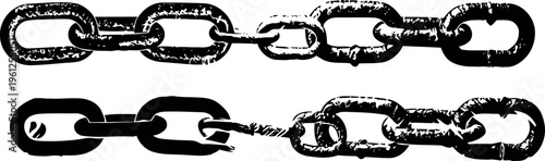 Rusty metal chains with broken and intact links isolated on white background