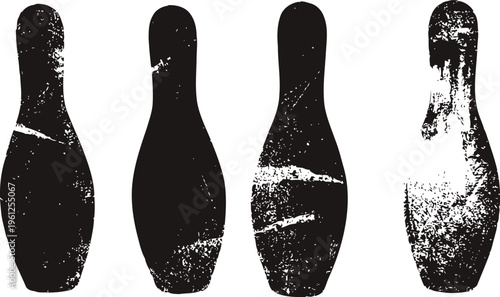 Four distressed vintage bowling pins silhouettes in a row with grunge texture