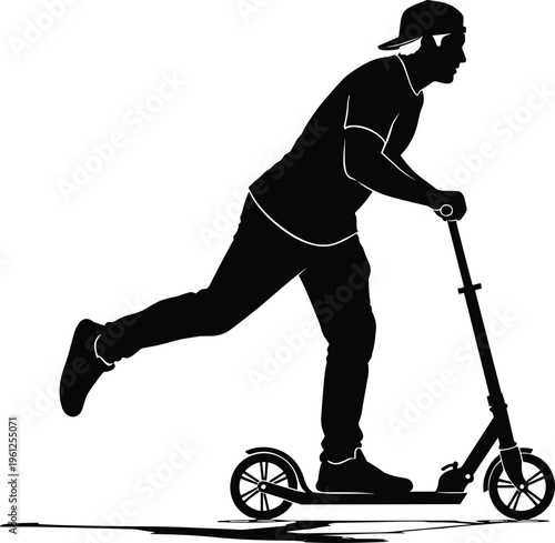 Black silhouette of young man riding kick scooter wearing cap for urban transportation modern lifestyle city commuting and outdoor sport.