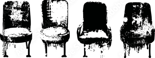 Four old worn out chairs in grunge isolated on white background