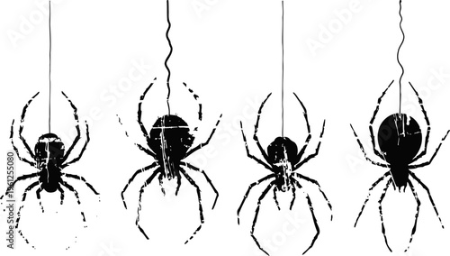 Four black spiders hanging on threads with detailed legs and round bodies isolated on white background