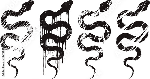 Set of four grunge black snakes with various distressed and dripping effects on white background