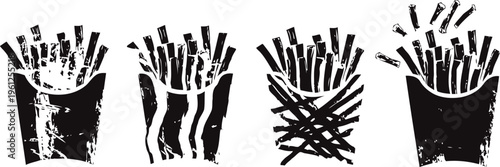 black and white stylized fries illustration set fast food, snack icons, hand drawn fries container designs