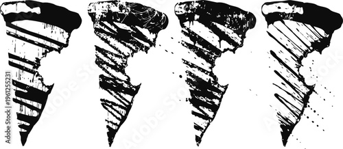 four vintage wood screws with slotted heads arranged in a row on white background