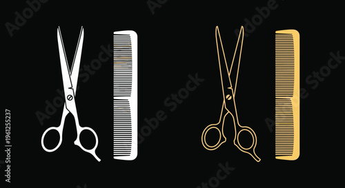 Professional barber tools including hair scissors and combs are shown in white and gold options against a solid black background.