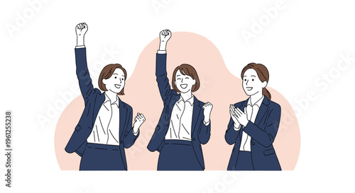 Successful businesswomen in matching blue suits celebrate their achievements with joyful gestures and clapping in a corporate setting.