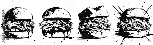 Set of four black ink burgers illustrations with dripping sauce and splatter, fast food sketch collection