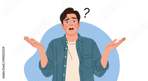 Young man looks confused and shrugs his shoulders with a question mark above his head to express doubt or lack of understanding.