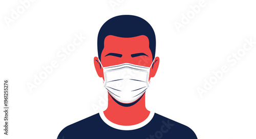 Portrait of a man with red skin wearing a white medical face mask highlights themes of hygiene and respiratory protection today.