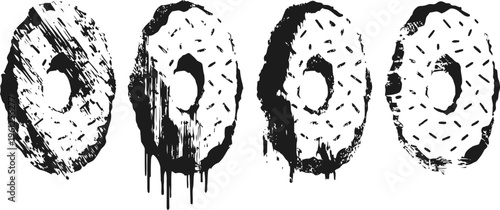 Set of four black and white grunge doughnut illustrations with dripping glaze and textured sprinkles