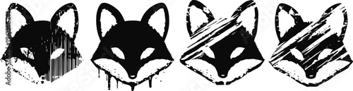 Four stylized black and white fox head silhouettes with artistic paint and grunge effects