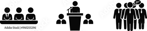 Business conference silhouettes set featuring public speaker at podium, panel of experts sitting at table, and corporate team group discussion.