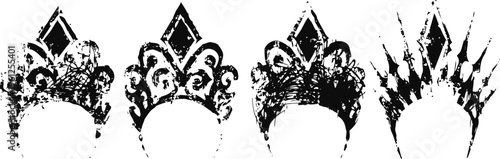 set of black ornate crowns in vintage silhouettes, unique royal headpieces collection