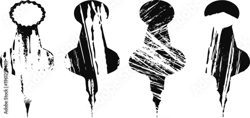 Set of grunge push pins with worn texture, isolated on white background office, stationery and creativity concept