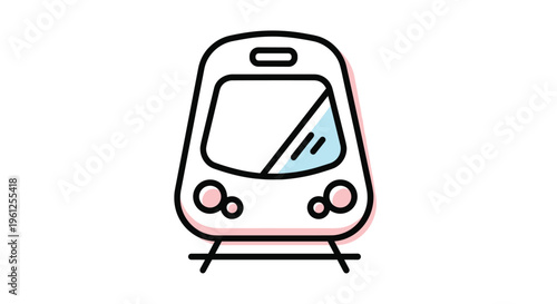 Front view of a modern train or subway car is shown with pink and blue accents in a clean and simple vector icon style.