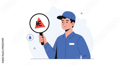 Service technician in a blue uniform holds a magnifying glass over a warning sign to inspect a specific technical symbol or code.