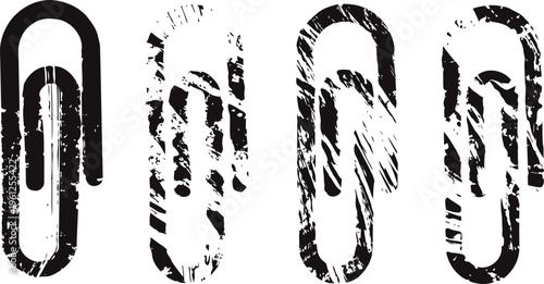 four grunge black paperclip icons distressed texture, office supplies symbols set