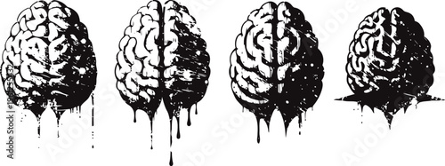 Black and white artistic dripping brain illustrations showing different views and melting effect