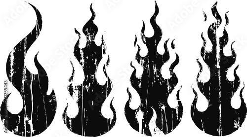 Black grunge flames set four distressed fire silhouettes with different shapes and tall flickering tongues of fire
