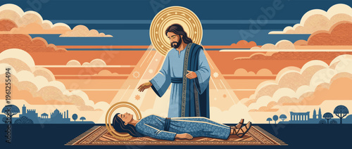 Vector illustration of Jesus Christ performing a miracle healing a sick person lying on a mat with divine light and sunset sky background for christian religious banner or graphic design