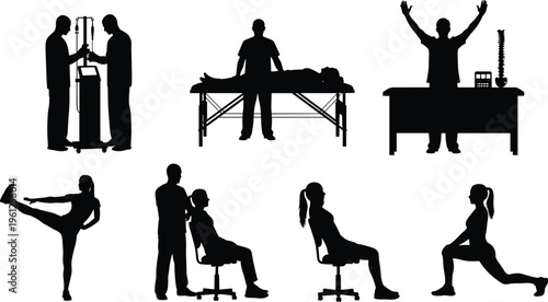 Collection of professional and activity silhouettes isolated on white background, healthcare, office work, fitness training, and daily life human figures for design and illustration use