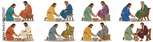 Comprehensive vector collection of Jesus Christ washing the feet of his disciples showing humility and service in flat illustration style for religious design projects isolated on white
