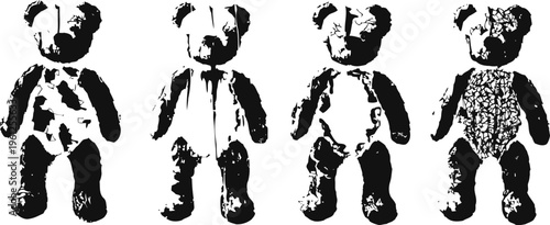 black and white silhouettes of four plush bears in different texture styles and patterns