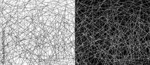 Abstract background set with chaotic tangled lines and web texture. Minimalist vector illustration of complex linear pattern isolated on black and white backgrounds.