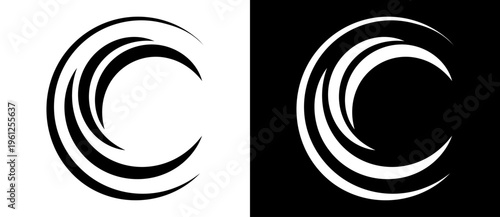 Abstract circular logo design template with dynamic curved lines resembling letter C or wave. Minimalist vector branding elements isolated on black and white backgrounds.