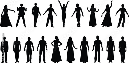 Set of male and female human silhouettes isolated on white background, standing diverse poses, full body figures for design, character reference, and illustration projects