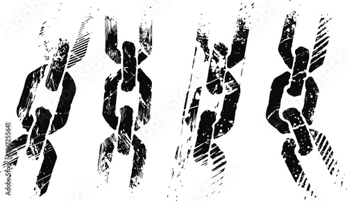 Grunge black chain links set distressed heavy metal connection illustrations