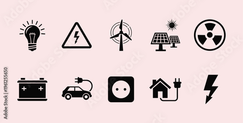 Electrical Energy and Power Icons Set: Renewable Sources, Conventional Electricity, Automotive Charging, and Home Power Supply Vector Illustration