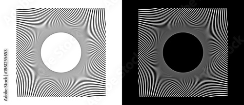 Abstract geometric spiral pattern with tunnel effect and central circular copy space. Minimalist vector illustration of optical illusion vortex isolated on black and white backgrounds.