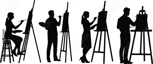 Artists painting on easels silhouettes isolated on white background, creative people drawing and working in studio, art education, design process, painter activity concept illustration