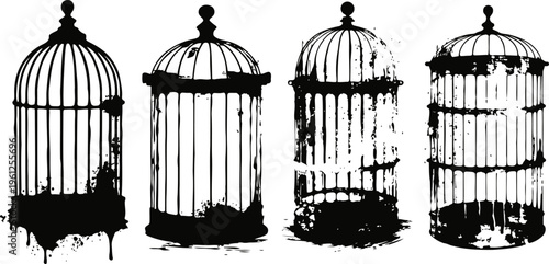 four vintage birdcages silhouettes with distressed texture and ornamental design elements