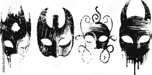 Four black abstract masks with dripping and swirling design elements on white background