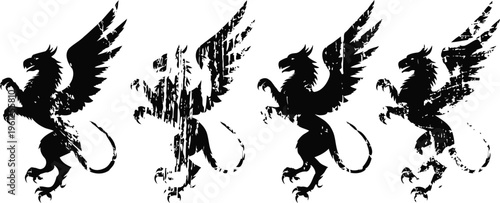 black griffin silhouette variations set with wings, claws, eagle head, and lion tail creature