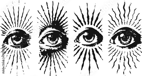 Four vintage mystical eyes with radiant rays spiritual occult symbols and esoteric illustrations set