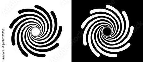 Abstract circular spiral pattern with smooth flowing lines. Minimalist vector illustration of swirling vortex or whirlpool shape isolated on black and white backgrounds.