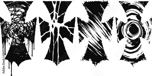Grunge black crosses set with splatters, scratches, and distressed textures on white background