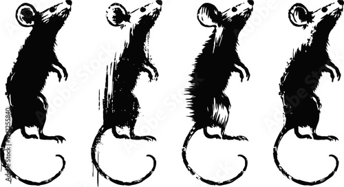 silhouettes of four standing mice with detailed tails and ears in black on white background