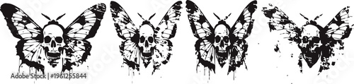 grunge skull butterfly wings dark gothic ink splatter design with distressed effect in monochrome