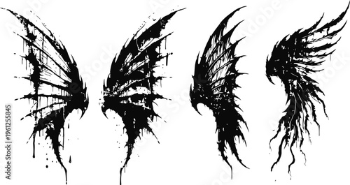 grunge dark wings silhouettes with splatter ink design set