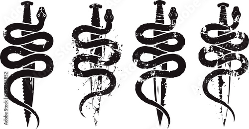 grungy snake coiled around dagger design vintage serpent and knife tattoo icons with distressed texture