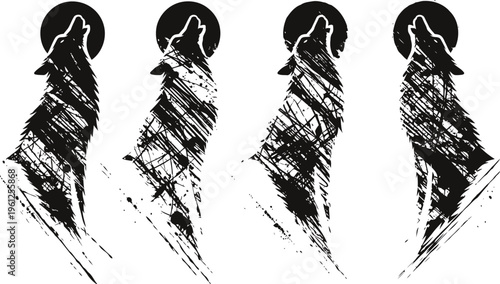 Howling wolf silhouettes with moon background in grunge style, wild animal vector set