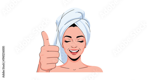 Smiling young woman with a white towel on her hair gives a thumbs up gesture to show satisfaction after a spa or beauty routine.
