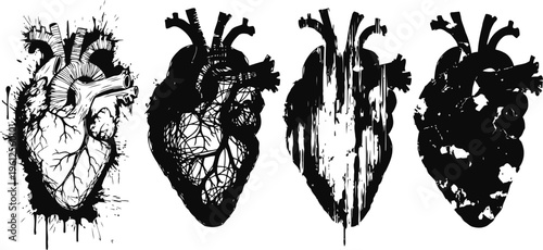 Artistic black ink splatter illustrations of human heart anatomy with vascular details