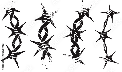 Abstract black barbed wire design elements with grunge texture and sharp spikes isolated on white background