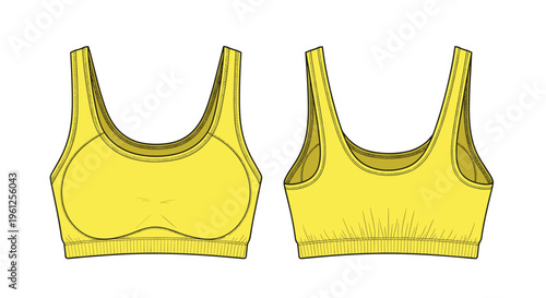 Technical fashion sketches of a yellow sports bra or crop top show front and back views for activewear and fitness design.