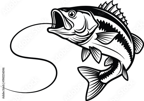 Largemouth bass fish jumping out of water with fishing line for sport fishing hobby club logo and outdoor adventure illustration.